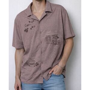 Rustic Souls Men’s Button Up Short Sleeve Shirt Embroidered “CAFE” COFFEE NWT